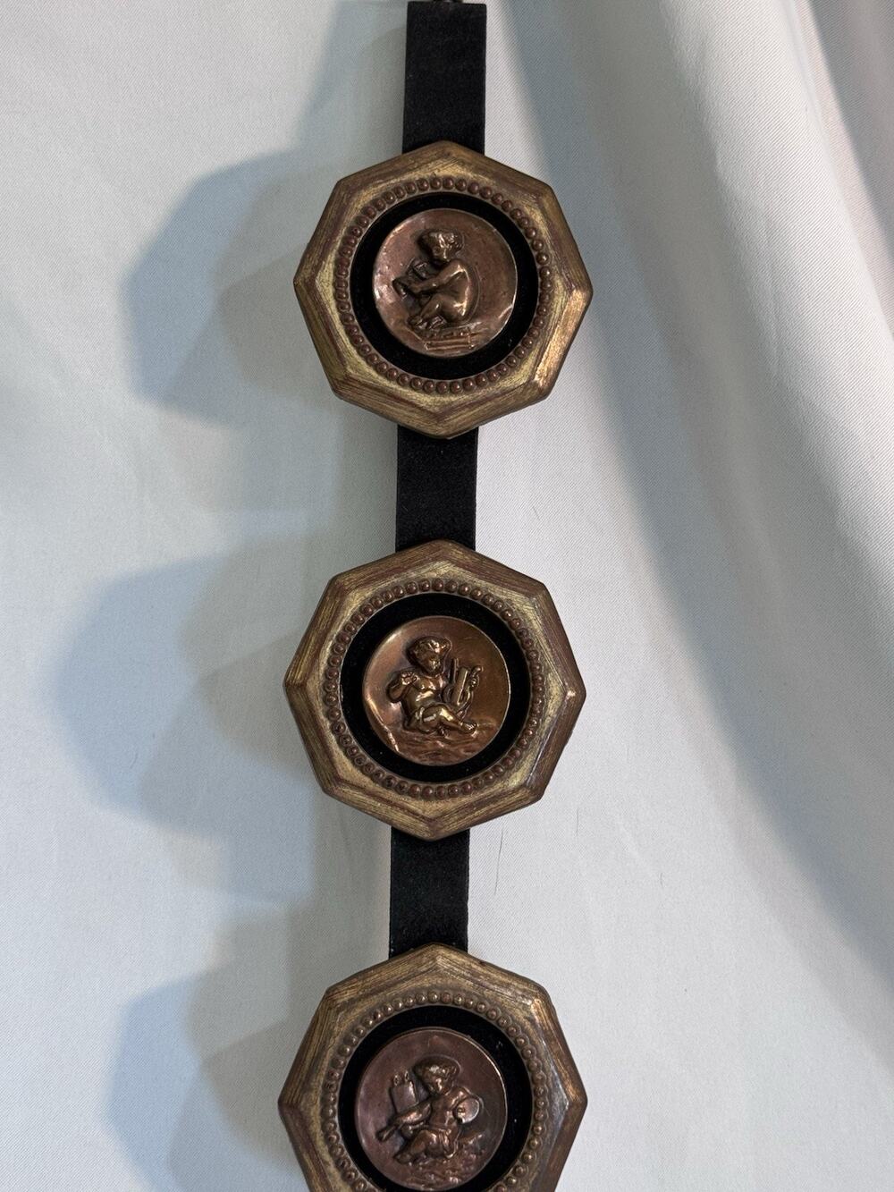 Vtg Art Deco 3 Cherub Medallions Wall Hanging Made In Italy 22x4 BronzeHome Deco
